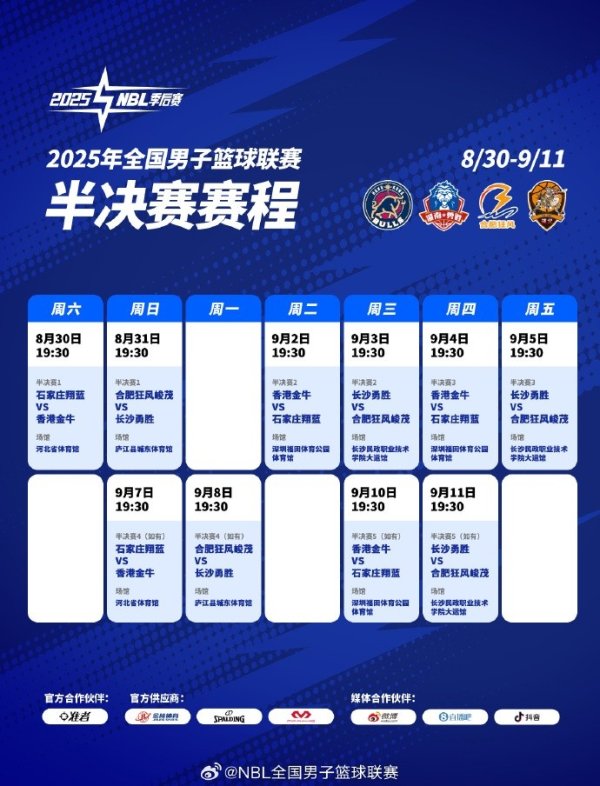 2025年NBL准总决赛    赛程出炉！最迟将于9月11日