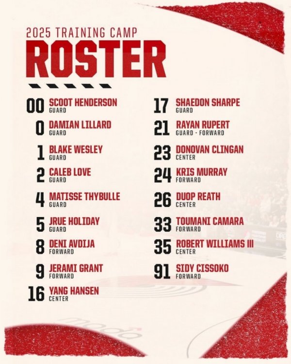 开拓者练习  营名单：共17人 利拉德回归 杨瀚森在列