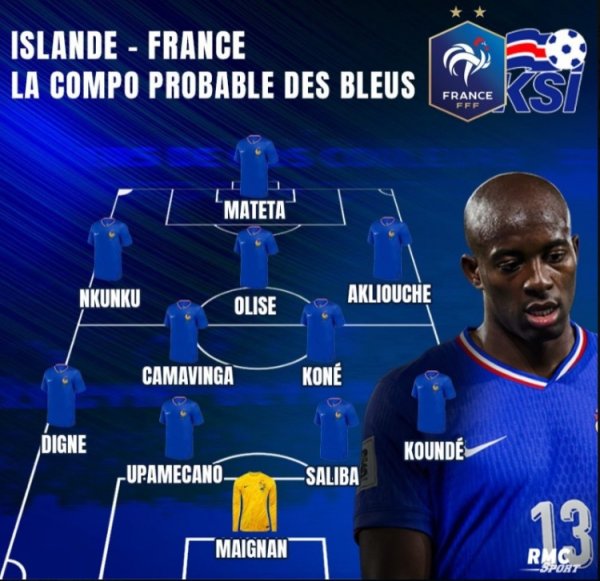 法媒预测法国对阵冰岛杆位：马特塔出战，于帕、萨利巴搭档中卫