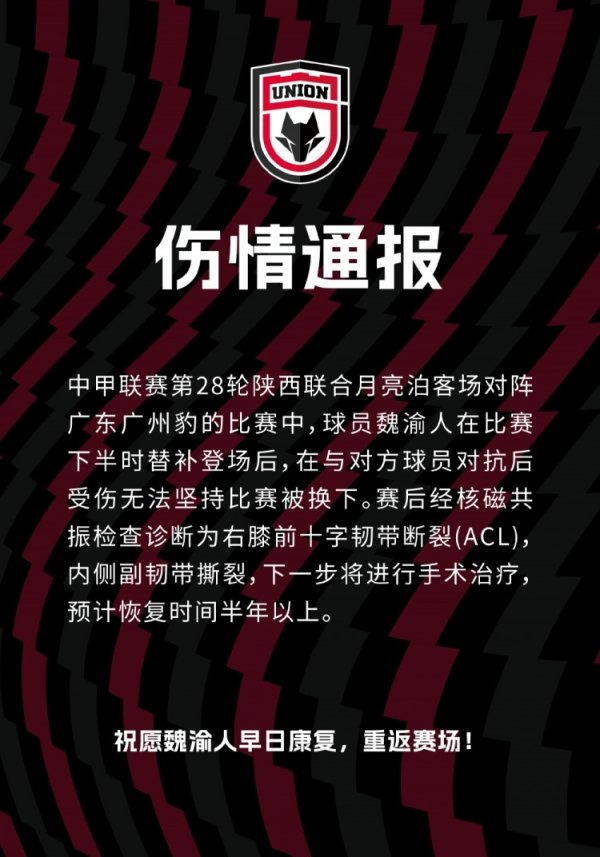 伤情通报：球员魏渝人右膝前十字韧带断裂、内侧副韧带撕裂